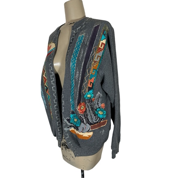 VTG Hand Painted Appliqué Southwest Pottery Aztec Wearable Art Sweatshirt Signed - Picture 2 of 9